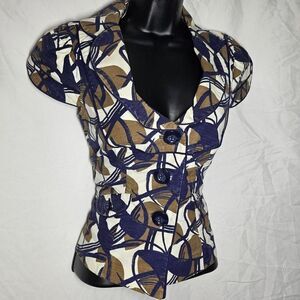 Vintage y2k patterned blazer white brown blue blouse top
